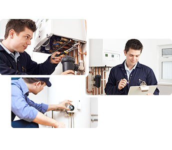 A professional technician examining a central heating boiler